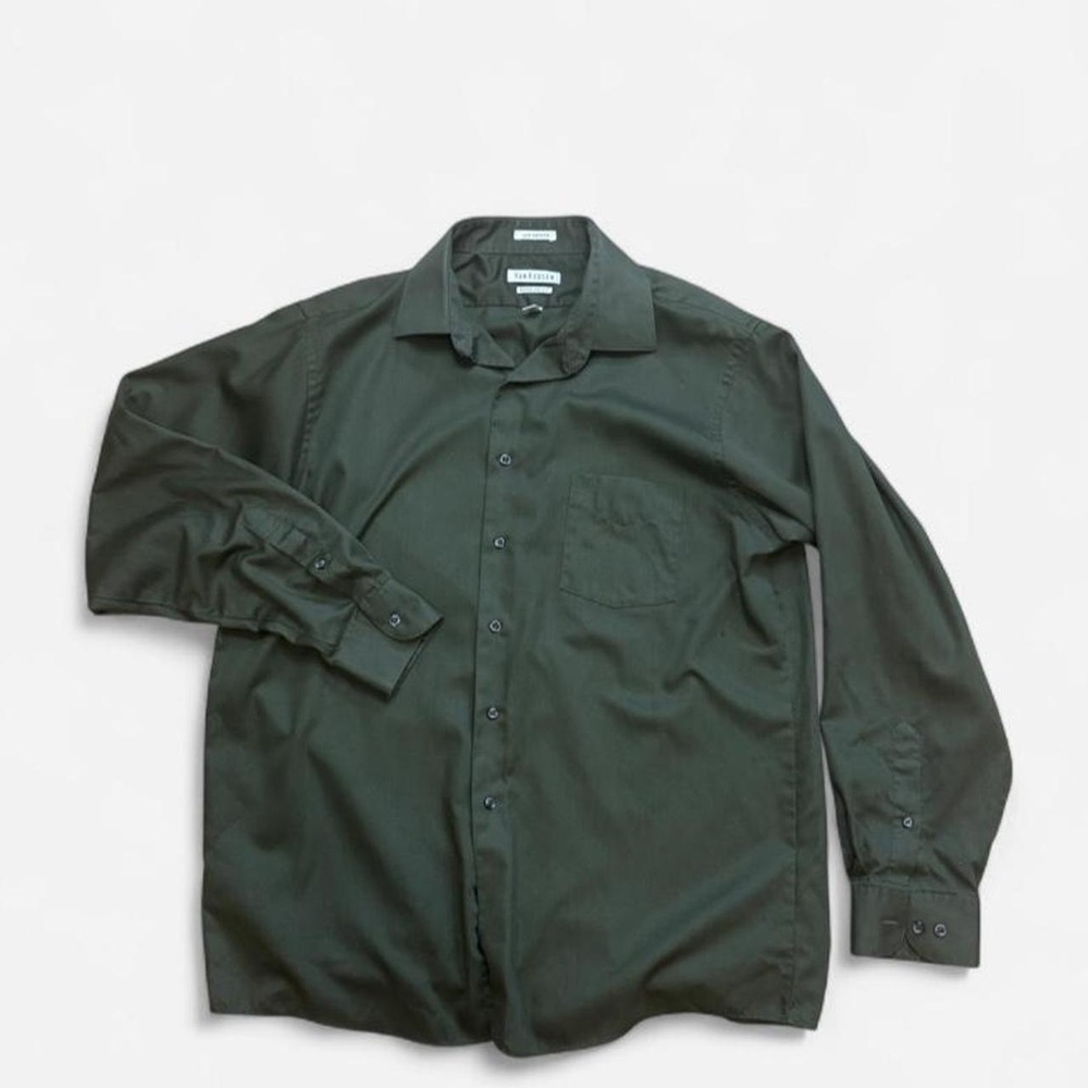 Van Heusen Mens Olive Lux Sateen Dress Shirt 16.5 34/35 Regular Fit Green